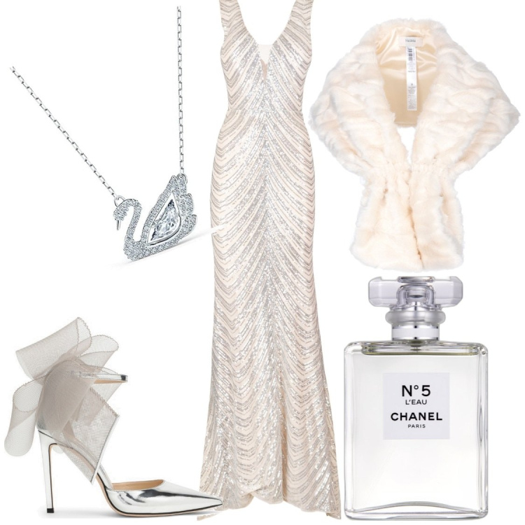 Outfit donna - Candida come un cigno.... Stile Romantica per Serata fuori. Abbinamento con profumi, stole, vestiti lunghi, décolleté, collane.