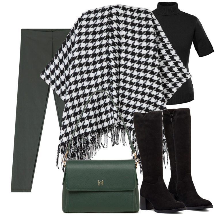 Outfit donna - Leggings e la cappa pied de poule. Stile Minimal per Tutti i giorni. Abbinamento con maglieria, cappe, pantaloni, stivali sopra il ginocchio, borse a tracolla.