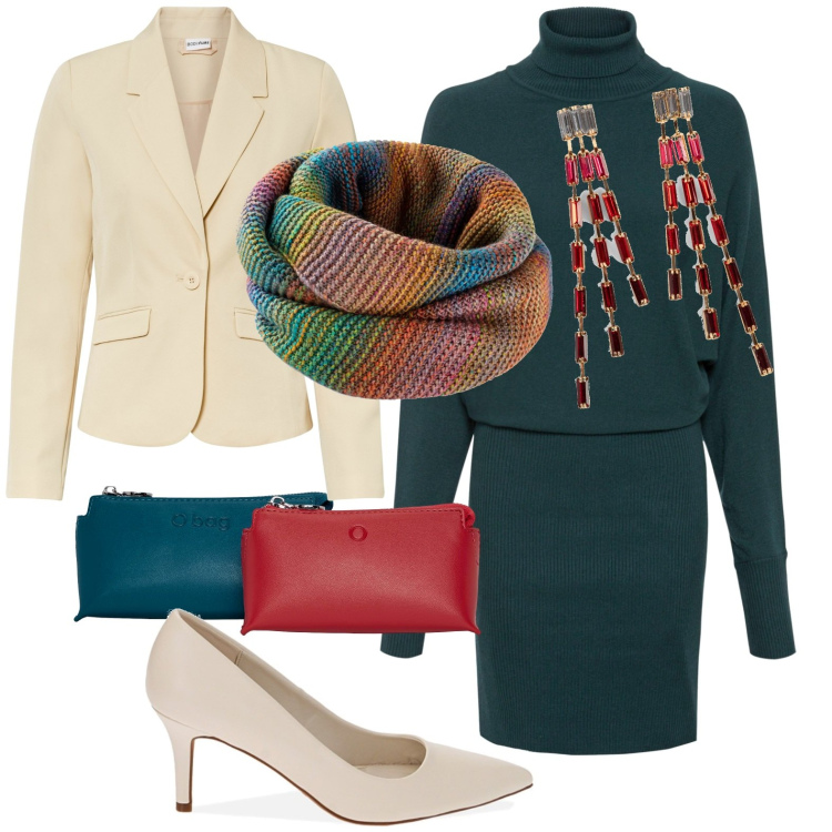 Outfit donna - Siamo eleganti. Stile Chic per Serata fuori. Abbinamento con vestiti, foulard, orecchini, blazer, décolleté, pochette.