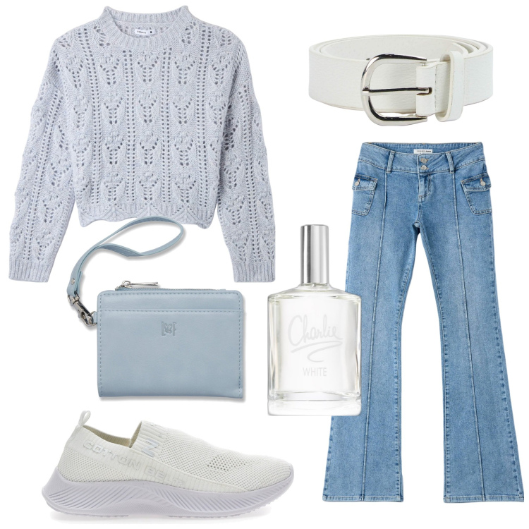Outfit donna - Total look #1752231. Stile Casual per Tutti i giorni. Abbinamento con profumi, maglieria, jeans a zampa, cinture, portafogli, sneakers.