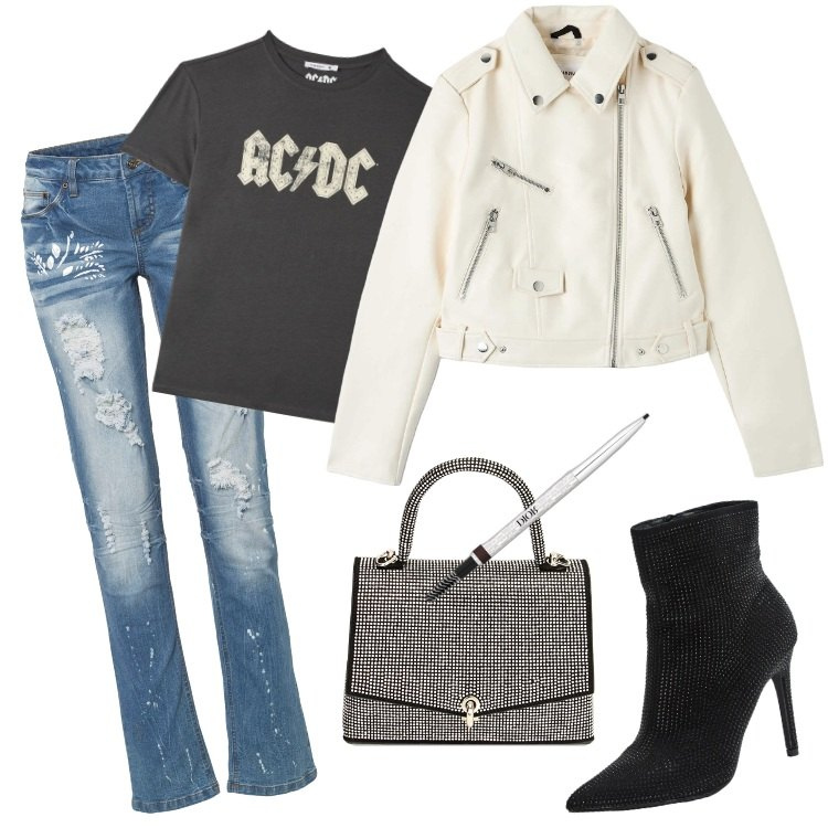 Outfit donna - T-shirt AC/DC con strass - ottobre. Stile Rock per Serata fuori. Abbinamento con jeans strappati, eyeliner, cappotti, stivaletti, t-shirt, borse a mano.