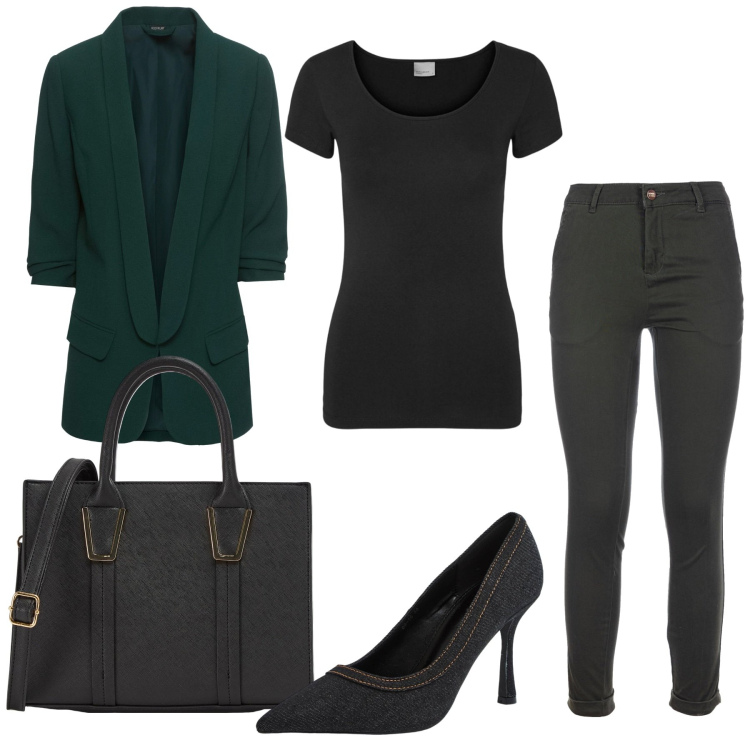 Outfit donna - Le décolleté di jeans. Stile Casual chic per Ufficio. Abbinamento con blazer, décolleté, shopping bag, pantaloni, t-shirt.