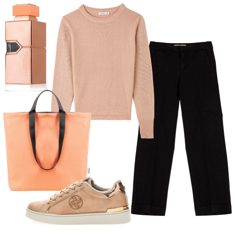Outfit donna - Total look #1752256. Stile Casual per Tutti i giorni. Abbinamento con profumi, maglieria, borse tote, pantaloni, sneakers.