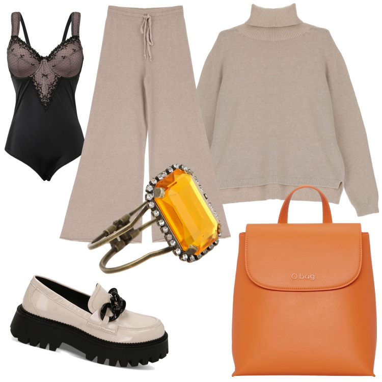 Outfit donna - Col mio zaino arancio. Stile Basic per Ufficio. Abbinamento con body, pantaloni a palazzo, maglieria, mocassini, braccialetti, zaini.