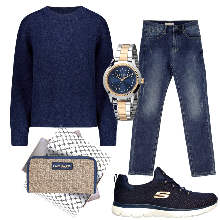 Outfit donna - Total look #1752347. Stile Basic per Tutti i giorni. Abbinamento con jeans dritti, maglieria, sneakers, orologi, portafogli.