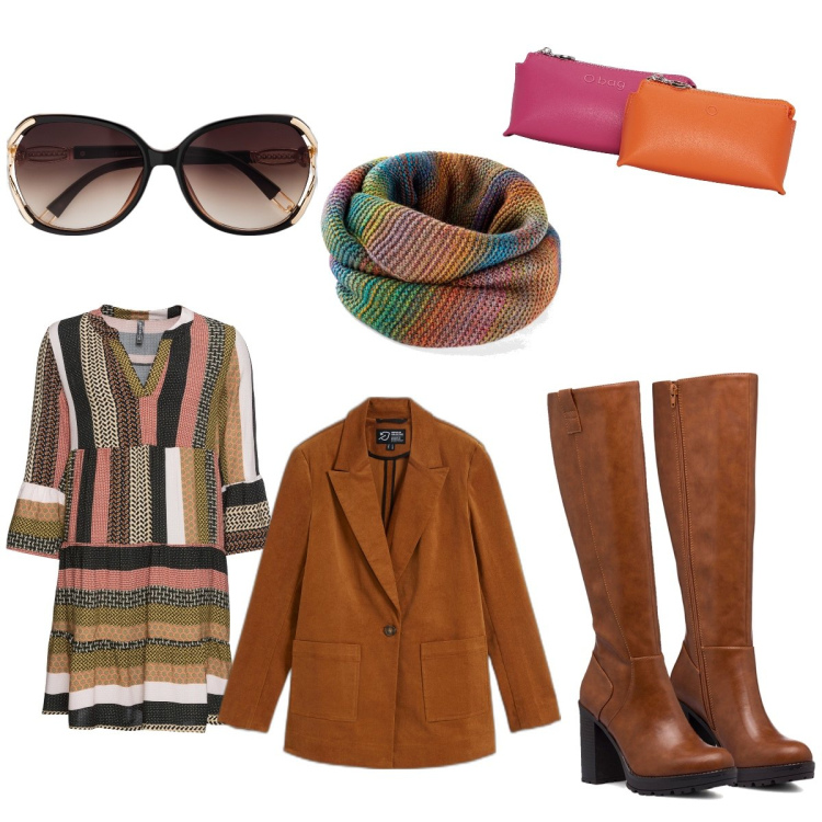 Outfit donna - Colore autunnale. Stile Casual chic per Tutti i giorni. Abbinamento con foulard, occhiali da sole, vestiti corti, blazer, stivali sopra il ginocchio, pochette.