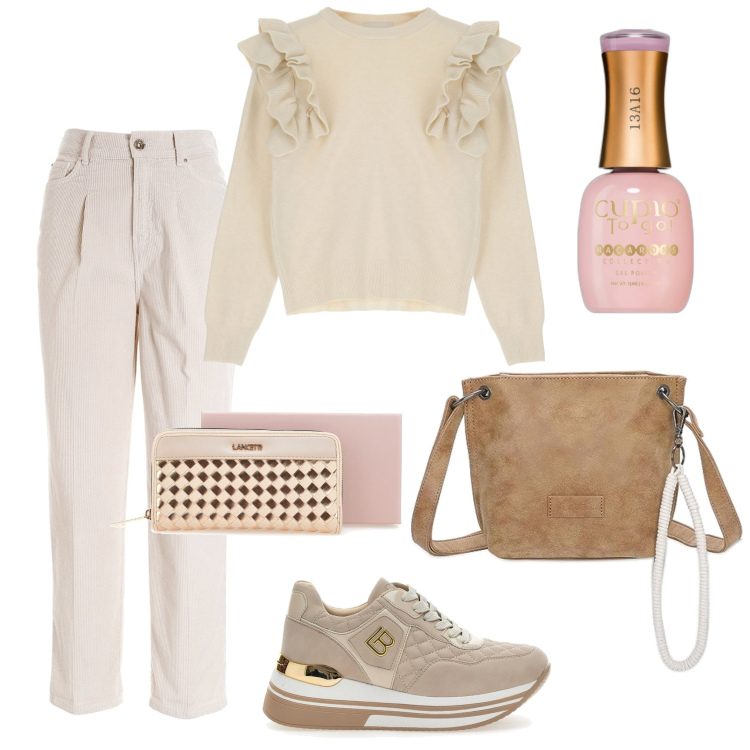 Outfit donna - Total look #1752353. Stile Casual chic per Tutti i giorni. Abbinamento con smalti, pantaloni, pullovers, sneakers, portafogli, ciondoli.