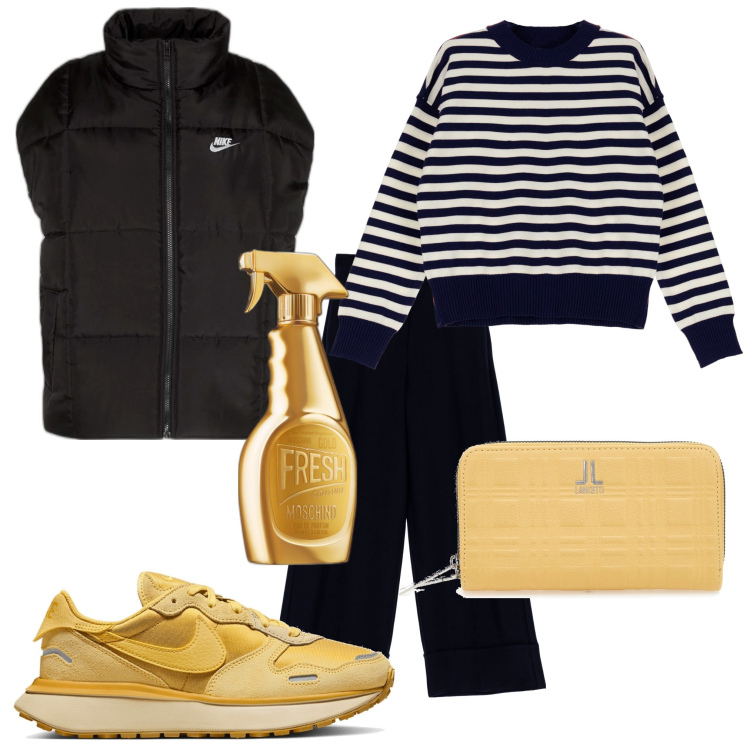 Outfit donna - Smanicato. Stile Trendy per Tutti i giorni. Abbinamento con profumi, sneakers, piumini, pantaloni a palazzo, pullovers, portafogli.