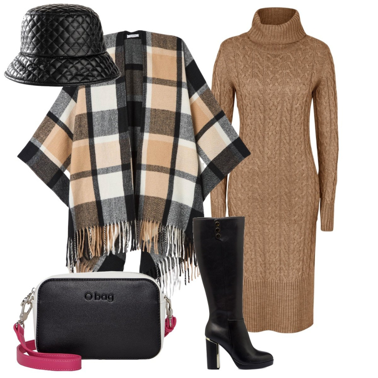 Outfit donna - L’abito in maglia a trecce. Stile Trendy per Tutti i giorni. Abbinamento con cappelli con visiera, vestiti midi/longuette, cappe, stivali sopra il ginocchio, borse a tracolla.