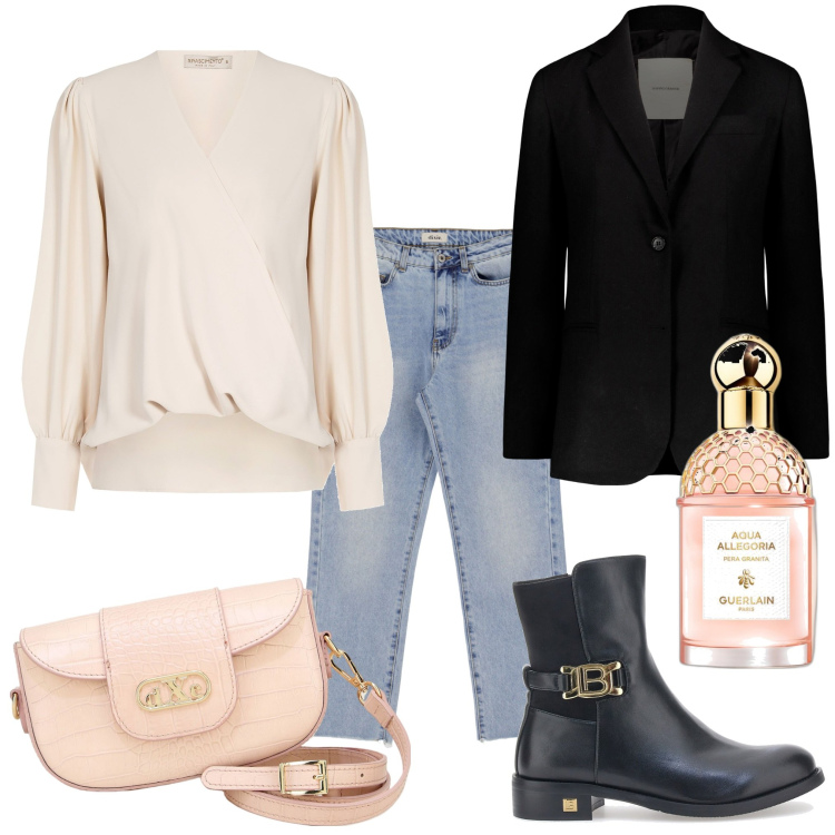 Outfit donna - Total look #1752365. Stile Casual chic per Tutti i giorni. Abbinamento con profumi, bluse, jeans dritti, pochette, stivaletti, blazer.