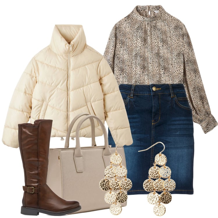 Outfit donna - Avorio sul denim. Stile Casual chic per Tutti i giorni. Abbinamento con gonne, orecchini, piumini, bluse, shopping bag, stivali sopra il ginocchio.