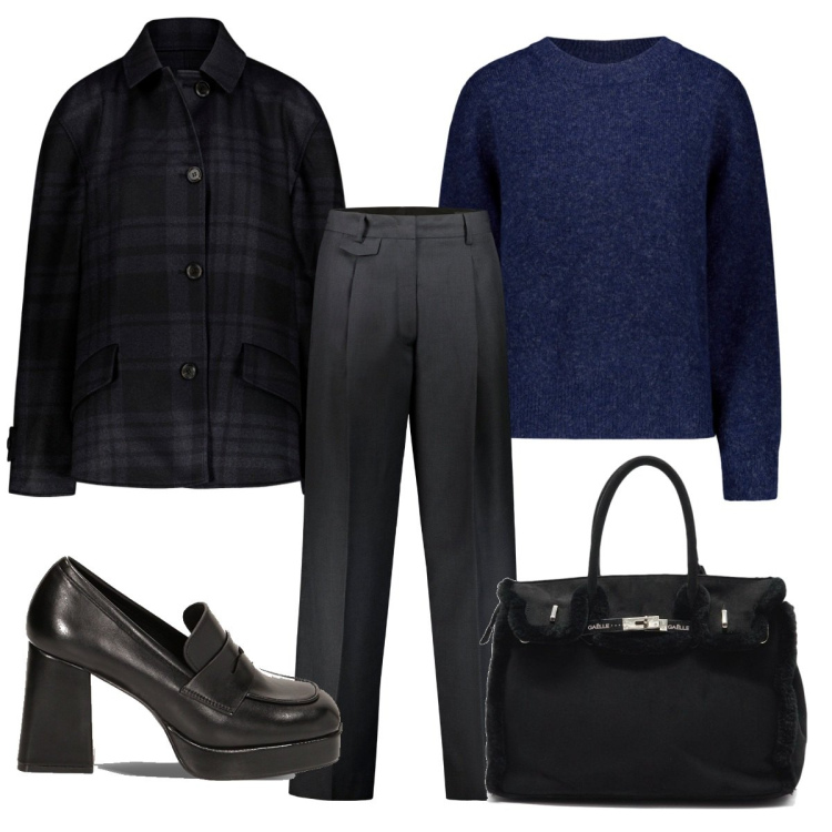 Outfit donna - Outfit invernale new shops. Stile Casual per Tutti i giorni. Abbinamento con mocassini, maglieria, blazer, borse a mano, pantaloni.