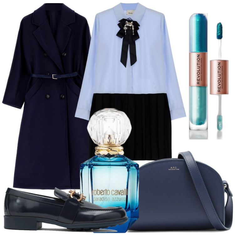 Outfit donna - Chic in Blue. Stile Chic per Ufficio. Abbinamento con ombretti, profumi, cappotti, vestiti corti, mocassini, borse a tracolla.