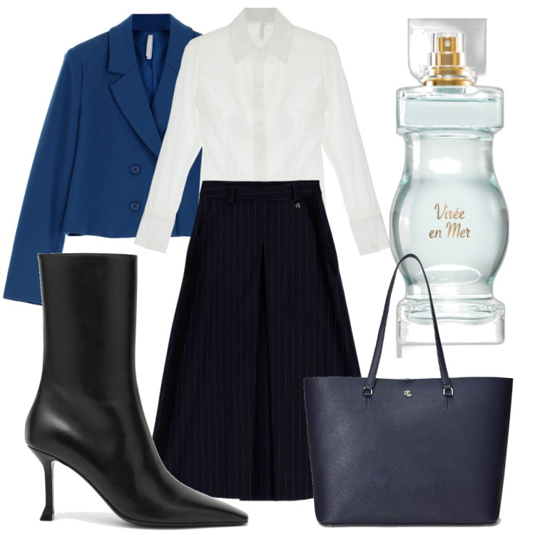 Outfit donna - College. Stile Preppy per Scuola/Università. Abbinamento con profumi, body, blazer, gonne longuette, borse tote, stivaletti.