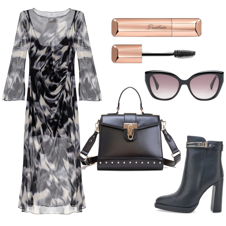 Outfit donna - Total look #1752428. Stile Glamour per Cerimonia. Abbinamento con occhiali da sole, mascara, borse tote, vestiti lunghi, stivaletti.