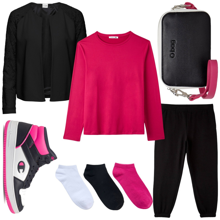 Outfit donna - Pomeriggio in centro. Stile Basic per Tutti i giorni. Abbinamento con blazer, t-shirt, pantaloni, calzini, sneakers alte, borse a tracolla.