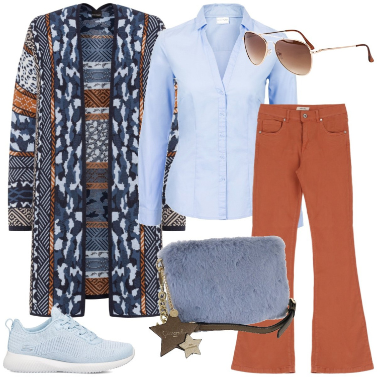 Outfit donna - Total look #1752449. Stile Casual per Tutti i giorni. Abbinamento con camicie, occhiali da sole, cardigans, pantaloni, sneakers, borse a tracolla.