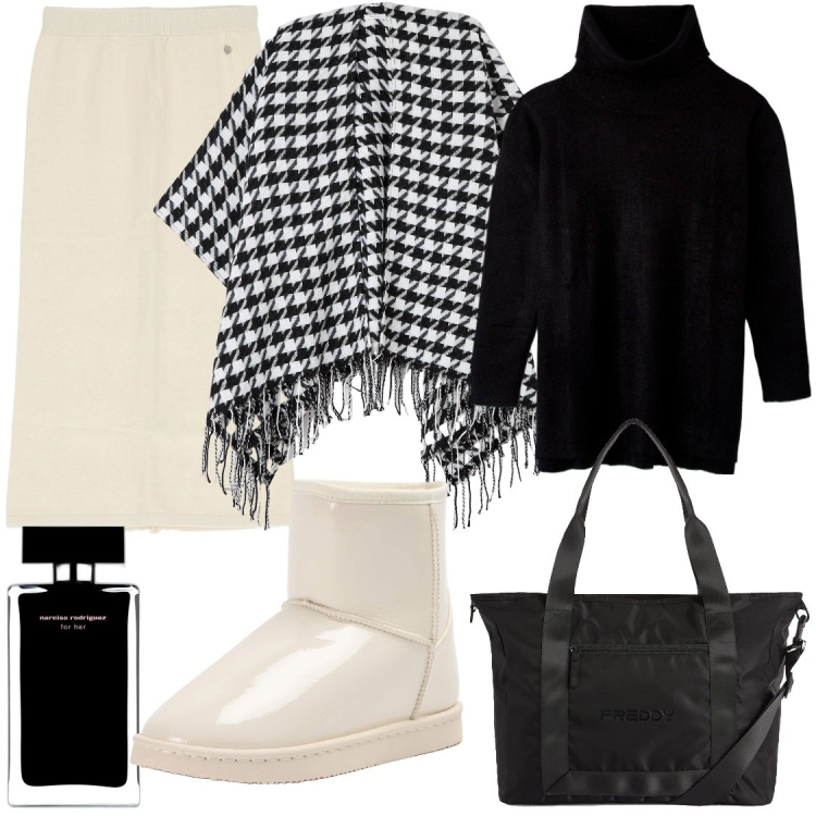 Outfit donna - Curvy in pied-de-poule. Stile Minimal per Tutti i giorni. Abbinamento con profumi, stivaletti, maglieria, cappe, gonne longuette, borse tote.