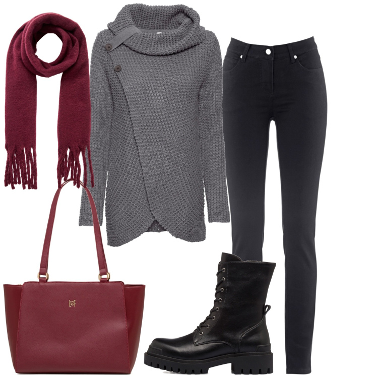 Outfit donna - Ottobre. Stile Basic per Tutti i giorni. Abbinamento con maglieria, jeans slim fit, sciarpe, anfibi, borse a spalla.