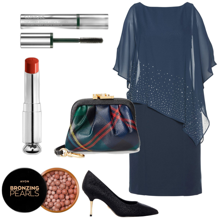 Outfit donna - Cerimonia in blu. Stile Chic per Cerimonia. Abbinamento con vestiti a tubino, blush, rossetti, mascara, décolleté, pochette.