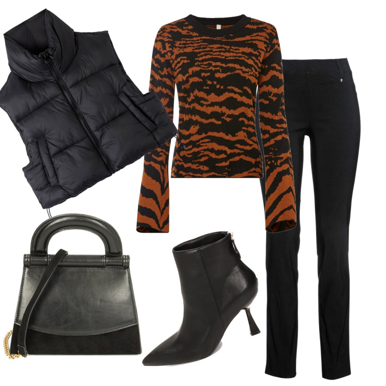 Outfit donna - Ottobre. Stile Casual chic per Tutti i giorni. Abbinamento con pantaloni, maglieria, piumini, stivaletti, borse a mano.