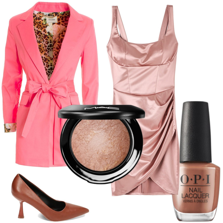 Outfit donna - Raso rosa. Stile Glamour per Serata fuori. Abbinamento con ombretti, smalti, vestiti corti, blazer, décolleté.