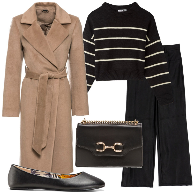 Outfit donna - Righe in ufficio. Stile Minimal per Ufficio. Abbinamento con ballerine, cappotti, maglieria, pantaloni, borse a tracolla.