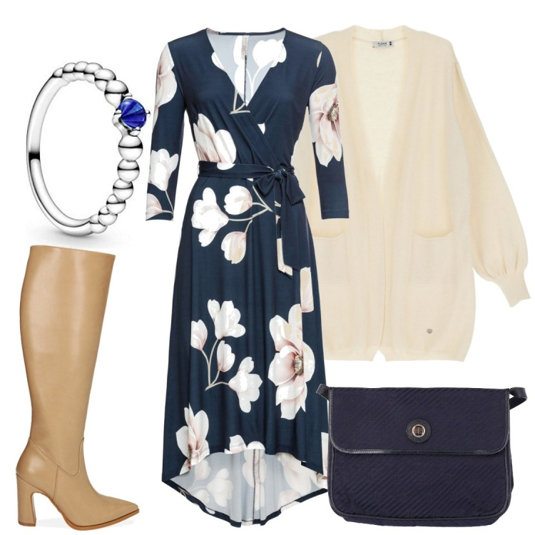 Outfit donna - In blu. Stile Bon Ton per Cerimonia. look ideale per Tall. Abbinamento con vestiti lunghi, borse a spalla, cardigans, stivali, anelli.