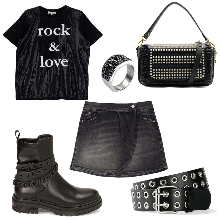 Outfit donna - Total look #1752620. Stile Rock per Tutti i giorni. look ideale per Petite. Abbinamento con cinture, anelli, minigonne, t-shirt, stivaletti, borse a spalla.