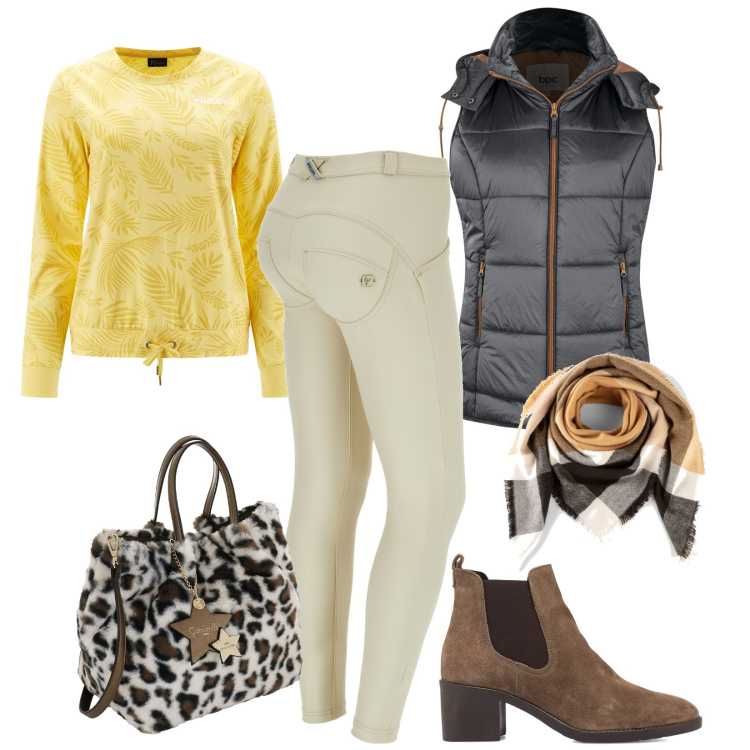 Outfit donna - Total look #1752652. Stile Casual per Tutti i giorni. Abbinamento con gilet, foulard, pantaloni skinny, felpe, stivaletti, borse a mano.