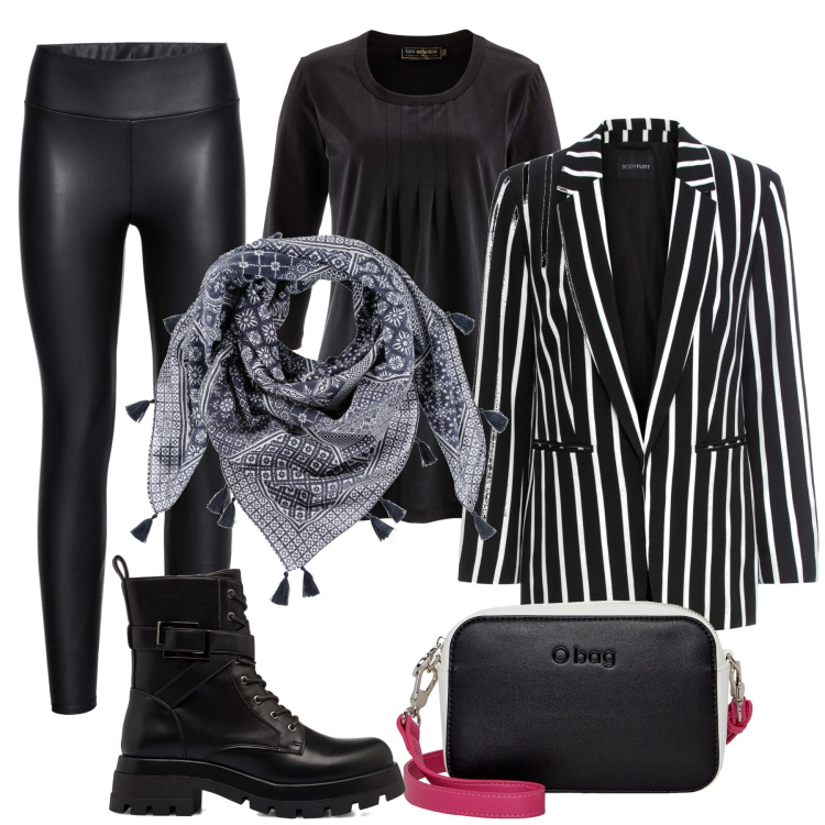 Outfit donna - Tracollina nera e fucsia. Stile Rock per Tutti i giorni. Abbinamento con leggings, blazer, maglieria, foulard, anfibi, borse a tracolla.