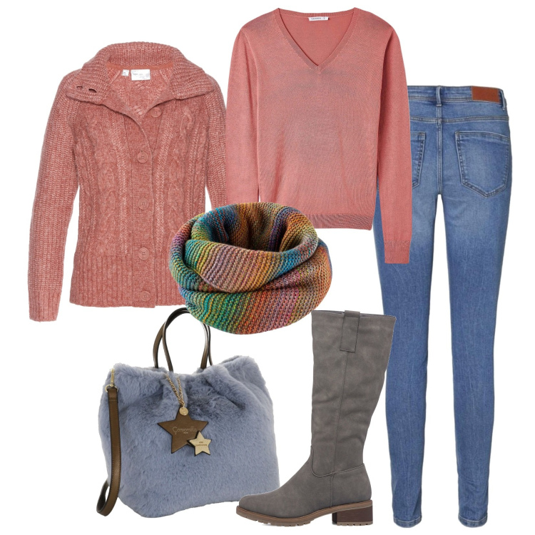 Outfit donna - Total look #1752677. Stile Casual per Tutti i giorni. look ideale per Tall. Abbinamento con foulard, cardigans, maglieria, stivali sopra il ginocchio, jeans skinny, borse a mano.