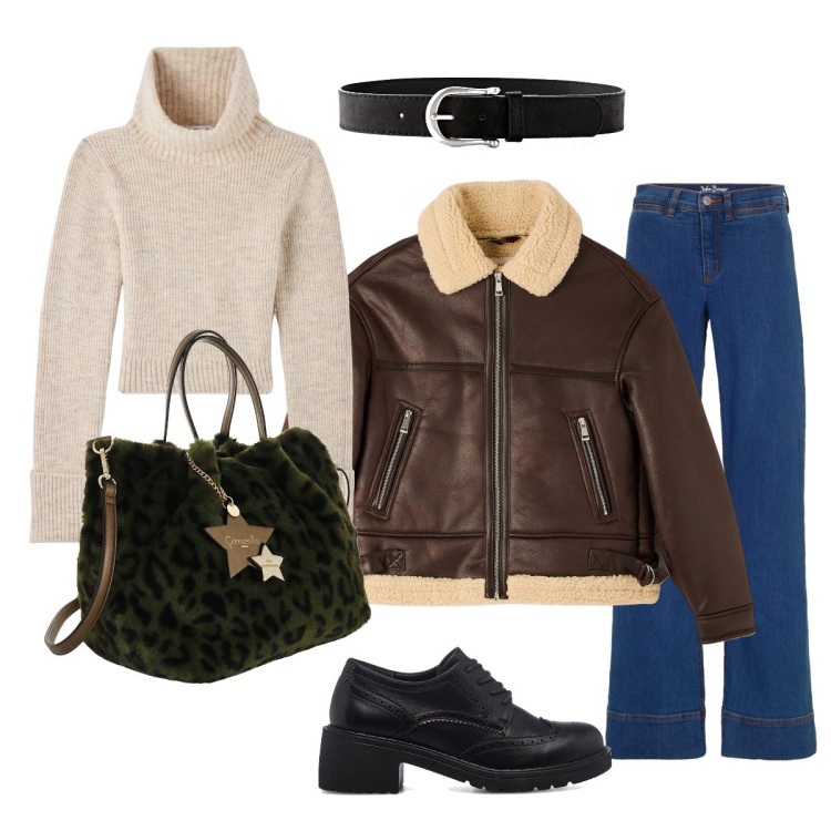 Outfit donna - In città per compere. Stile Casual per Tutti i giorni. Abbinamento con cinture, jeans, ecopellicce, maglieria, scarpe stringate, borse a mano.