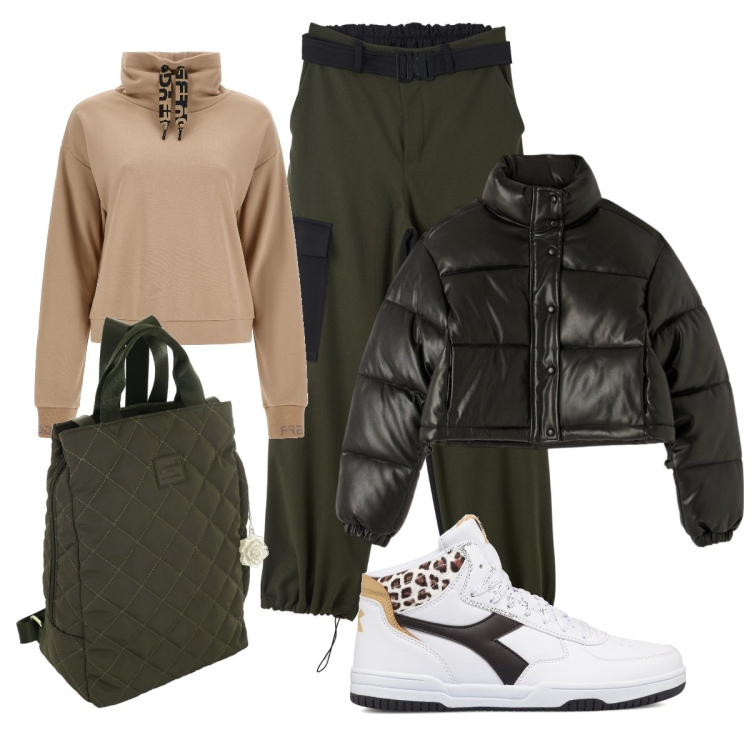 Outfit donna - Zaino trapuntato. Stile Trendy per Scuola/Università. look ideale per Tall. Abbinamento con pantaloni cargo, piumini, maglieria, sneakers alte, zaini.