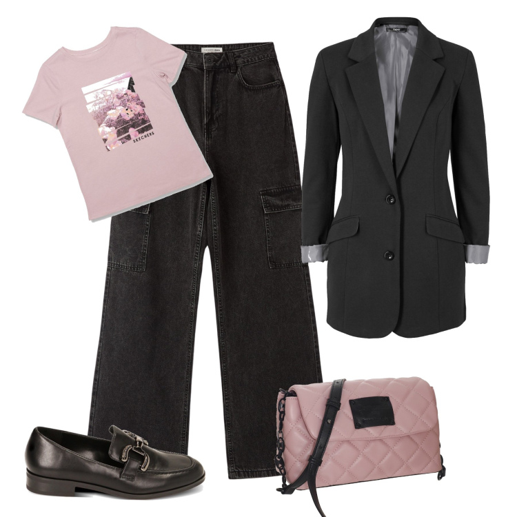 Outfit donna - Un tocco di rosa. Stile Casual chic per Tutti i giorni. Abbinamento con giacche, jeans, mocassini, t-shirt, borse a tracolla.