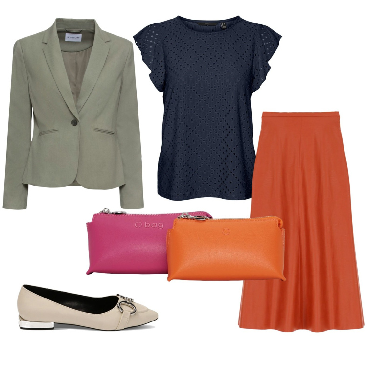Outfit donna - Total look #1752791. Stile Casual chic per Tutti i giorni. Abbinamento con blazer, ballerine, top, gonne longuette, pochette.