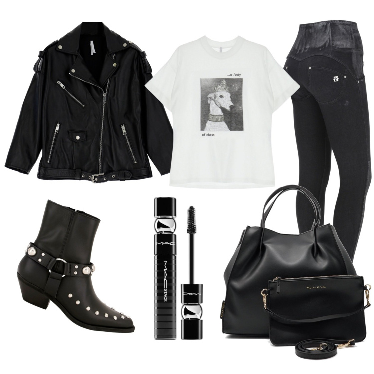 Outfit donna - Total look #1752808. Stile Rock per Serata fuori. Abbinamento con mascara, stivaletti texani, cappotti, t-shirt, pantaloni skinny, borse a mano.