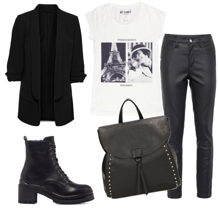 Outfit donna - Total look #1752819. Stile Rock per Serata fuori. Abbinamento con blazer, pantaloni skinny, zaini, anfibi, t-shirt.