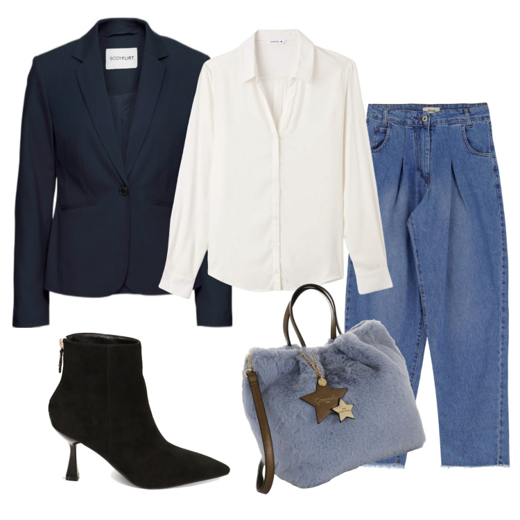 Outfit donna - Total look #1752822. Stile Casual chic per Serata fuori. Abbinamento con blazer, camicie, stivaletti, jeans, borse a mano.