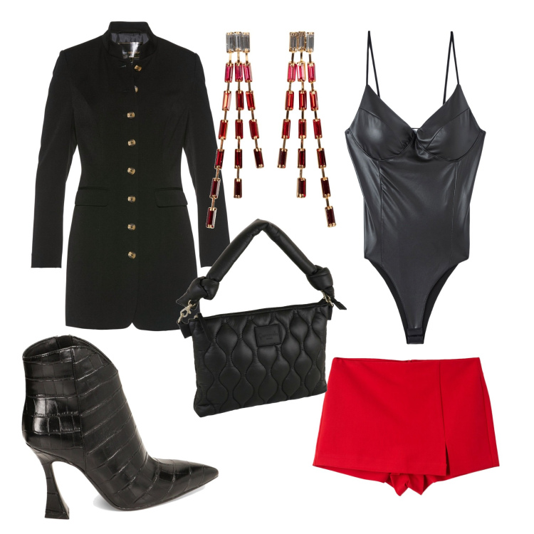 Outfit donna - La borsa nera camomilla. Stile Bon Ton per Serata fuori. Abbinamento con orecchini, blazer, gonne, body, stivaletti, borse a mano.