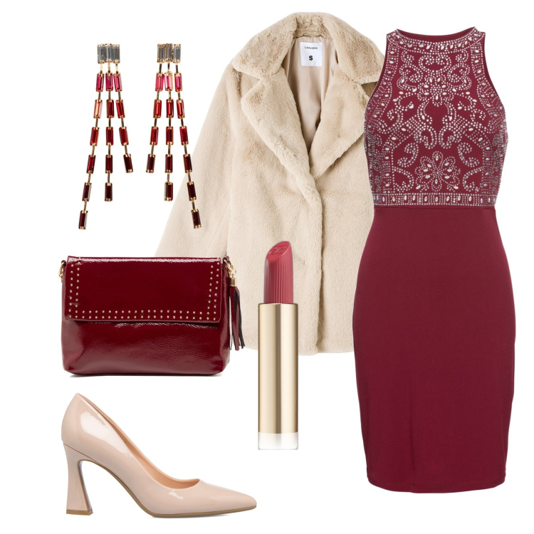 Outfit donna - Il tubino che piace a me. Stile Chic per Serata fuori. Abbinamento con orecchini, vestiti lunghi, rossetti, ecopellicce, décolleté, borse a tracolla.
