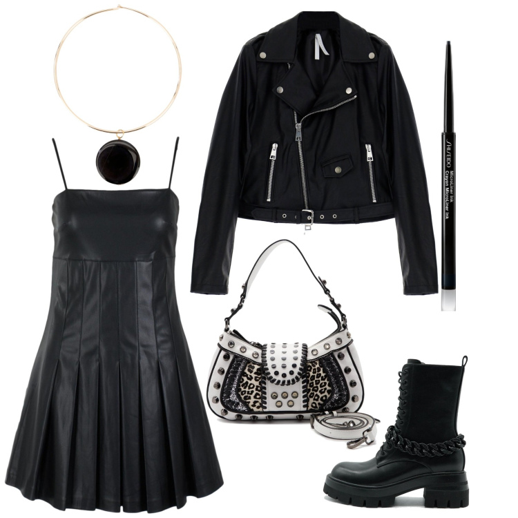 Outfit donna - Abito in ecopelle. Stile Rock per Serata fuori. Abbinamento con eyeliner, cappotti, ciondoli, anfibi, vestiti, borse a spalla.