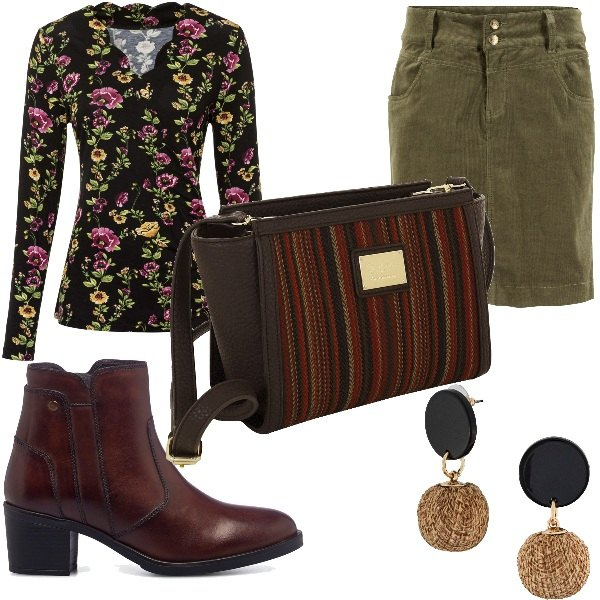 Outfit donna - Tapestry collezione da favola. Stile Glamour per Serata fuori. Abbinamento con orecchini, gonne lunghe, bluse, stivaletti, borse a tracolla.