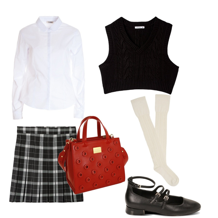 Outfit donna - College (veg ok). Stile Preppy per Scuola/Università. Abbinamento con maglieria, minigonne, camicie, ballerine, borse a mano, collant.