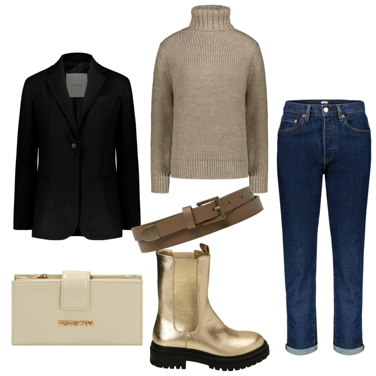 Outfit donna - Total look #1752899. Stile Urban Abbinamento con stivaletti chelsea, portafogli, cinture, maglieria, blazer, jeans.