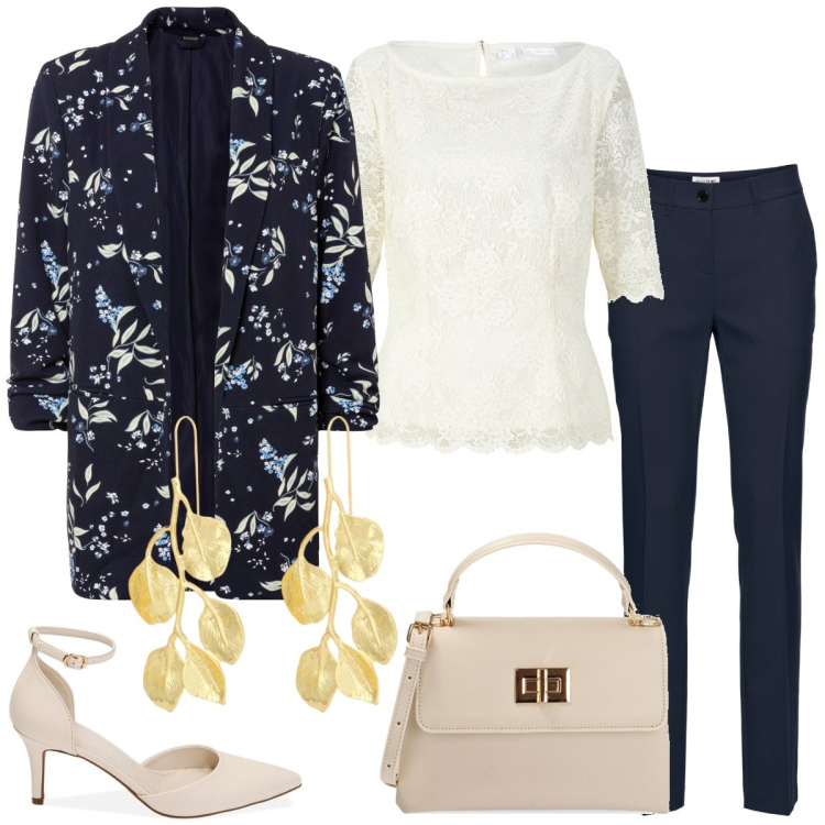 Outfit donna - Pranzo della domenica. Stile Chic per Tutti i giorni. Abbinamento con pantaloni, bluse, blazer, borse a mano, décolleté, orecchini.