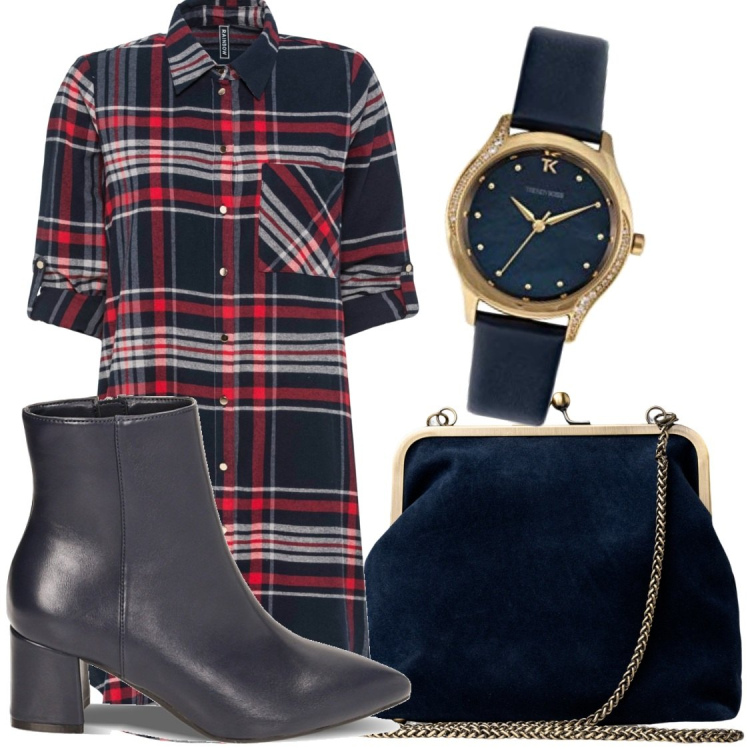 Outfit donna - Vestito a quadri. Stile Casual per Tutti i giorni. Abbinamento con vestiti chemisier, stivaletti, clutch, orologi.