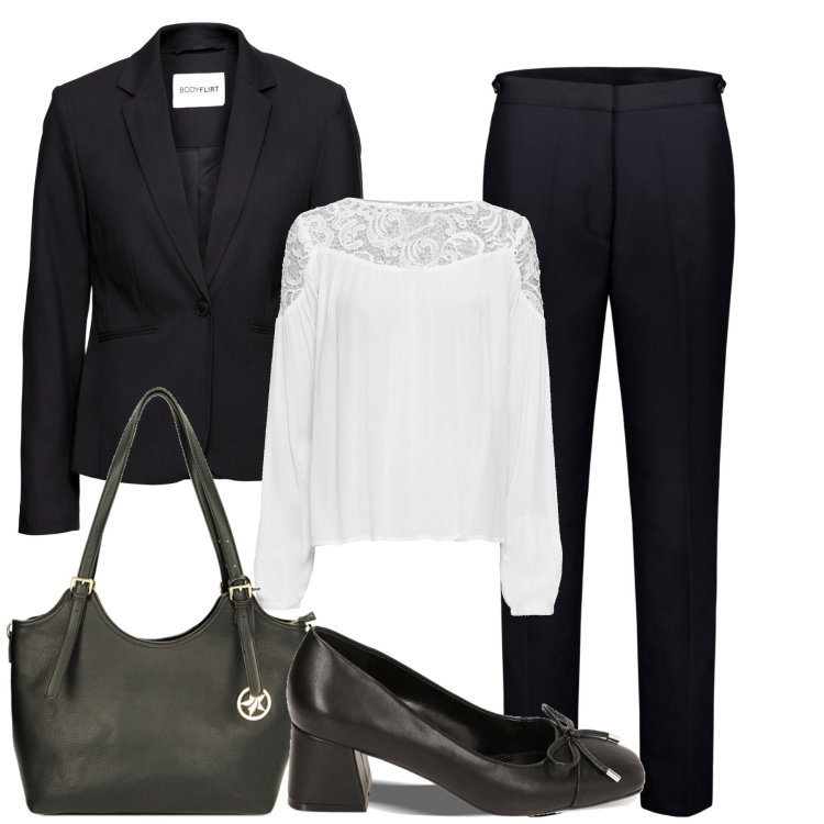 Outfit donna - City. Stile Casual chic per Tutti i giorni. Abbinamento con blazer, tuniche, borse a spalla, décolleté, pantaloni.