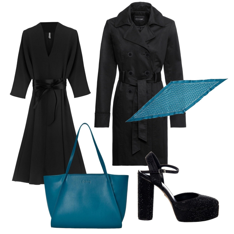 Outfit donna - Ottanio (veg ok). Stile Glamour per Tutti i giorni. Abbinamento con trench, scarpe col tacco, vestiti midi/longuette, foulard, borse a spalla.