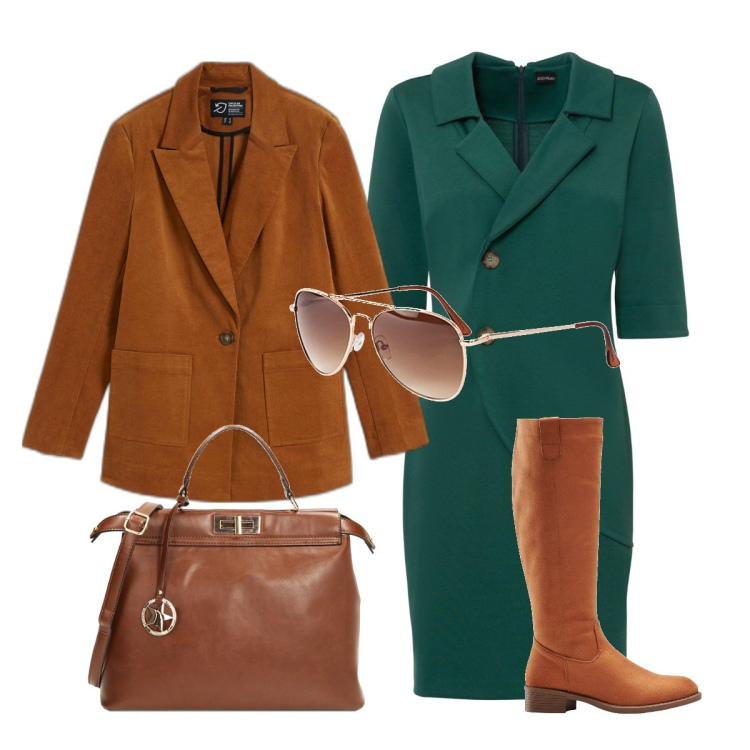Outfit donna - Finezze color fulvo. Stile Trendy per Tutti i giorni. Abbinamento con occhiali da sole, stivali, vestiti, blazer, borse a mano.